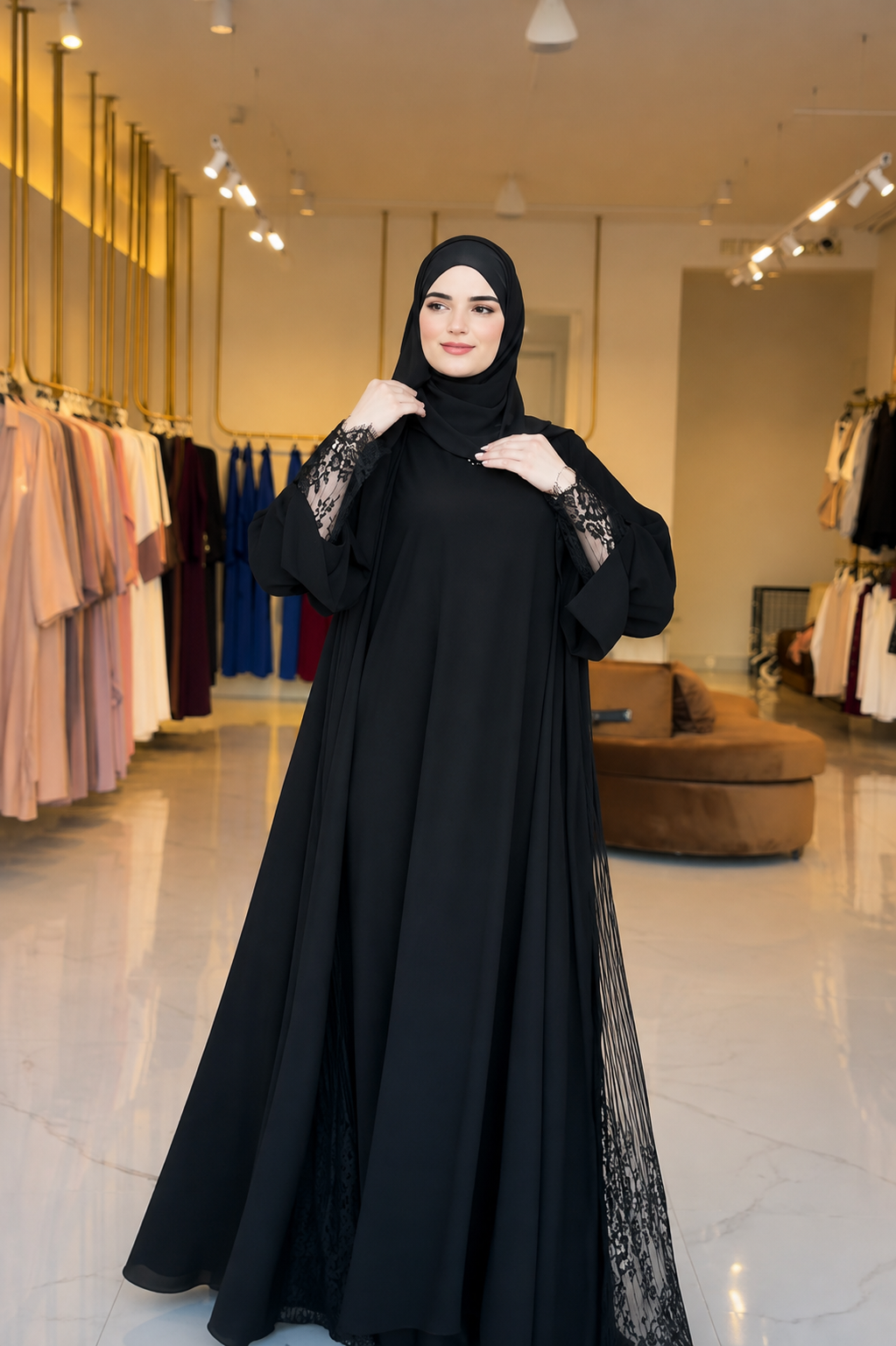عباية سوداء حبر كويتي بتفاصيل الدانتيل الفرنسي