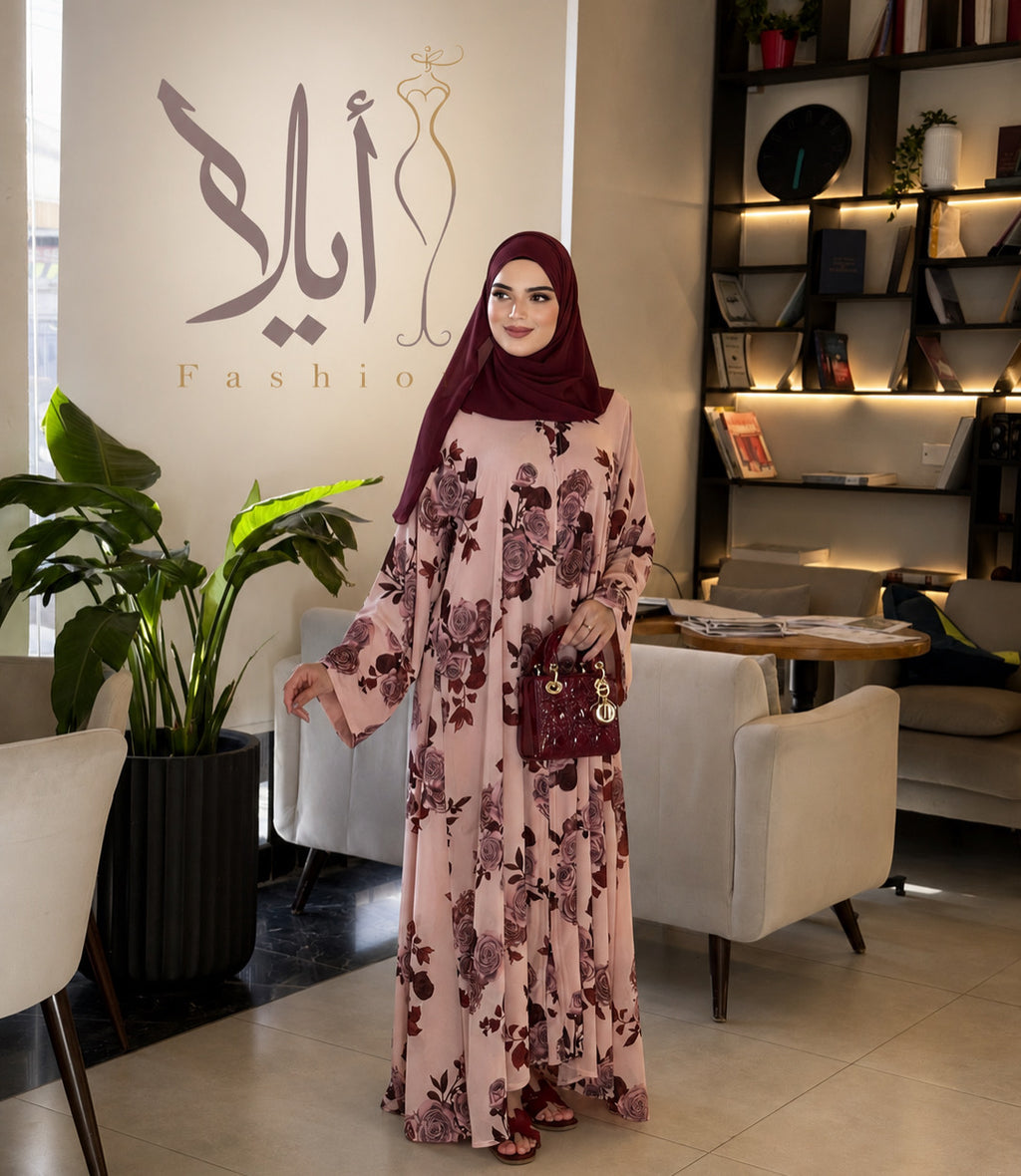 عباية ورد جوري فاخرة باللون السكري والخمري